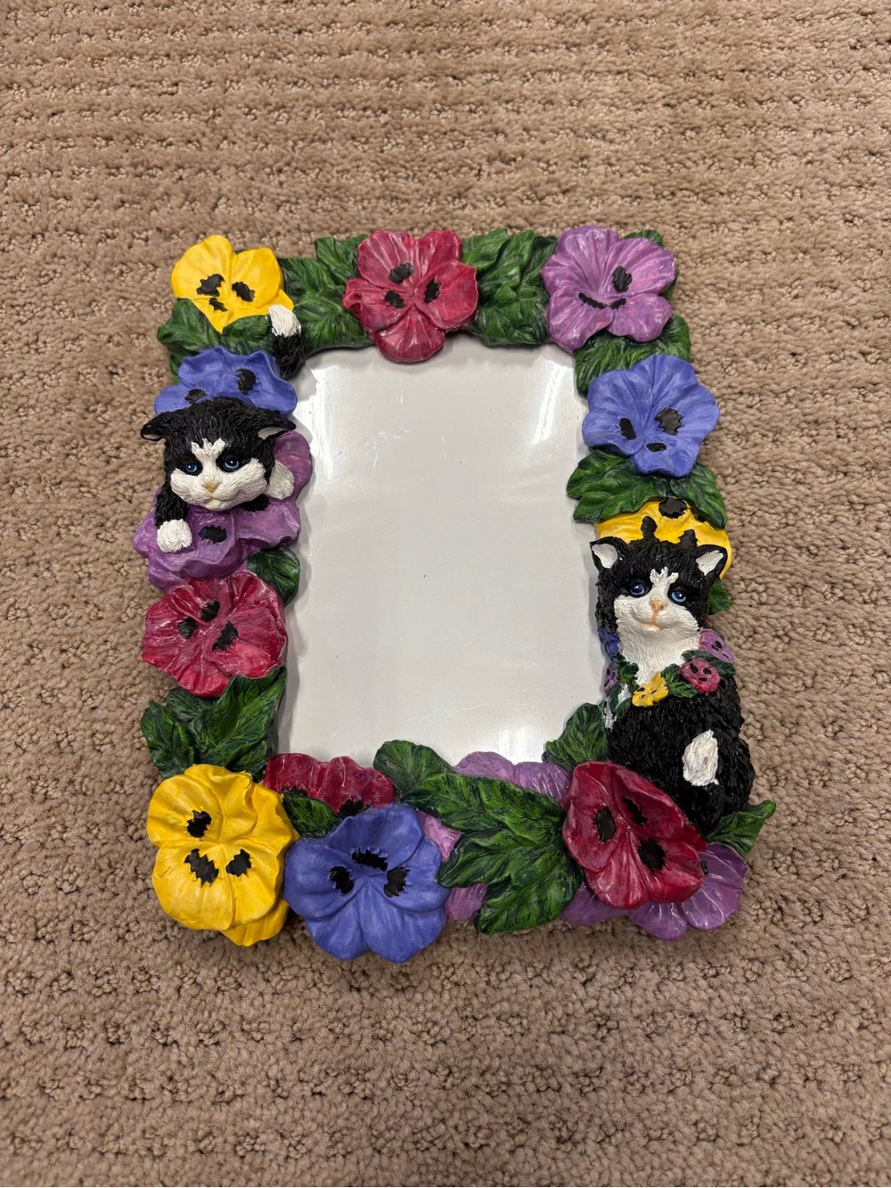 Whimsical Cat & Pansy Floral Picture Frame - Multicolor